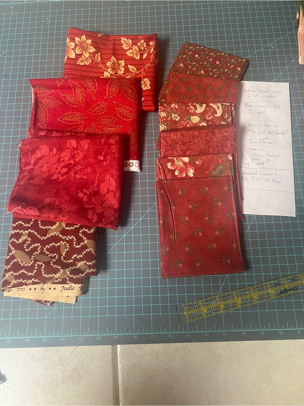 Moda red, burgundy, brick quilt fabric fat quarters + yardage (3.3 yards)